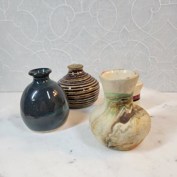 Vintage Pottery Vases 3.5" Brown Green Marble Incaware Ceramic Art Glazed Lot‎ 4 - Picture 12 of 16